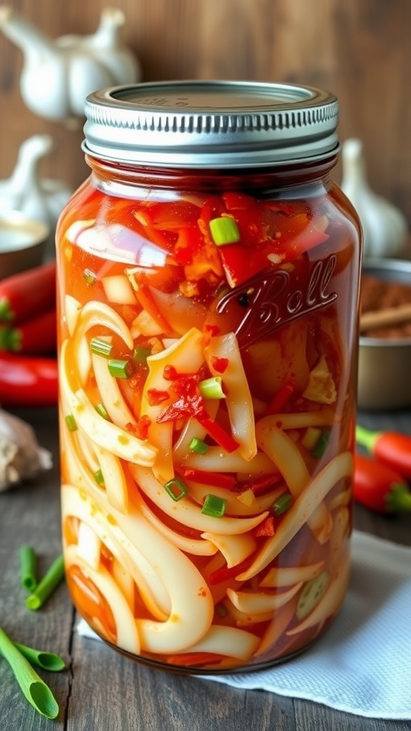 A jar of spicy cabbage kimchi with Napa cabbage, red pepper flakes, and green onions on a kitchen table.